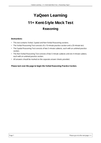 11+ Kent-Style Reasoning Mock and Answers
