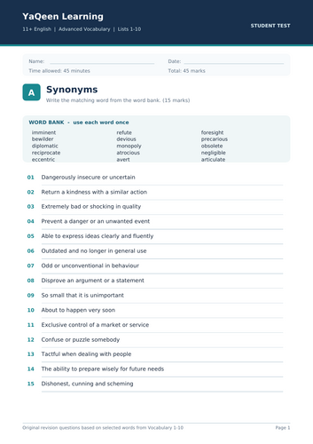 11+ Vocabulary Test 1 with Answer Key
