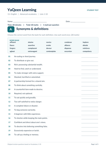 11+ Vocabulary Test 2 with Answer Key