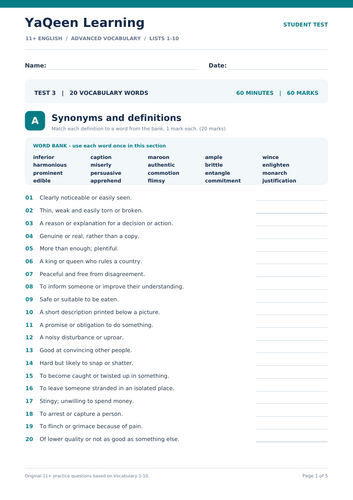 11+ Vocabulary Test 3 with Answer Key