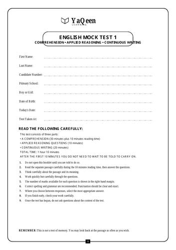 11+ English Mock Test 1 and Mark Scheme