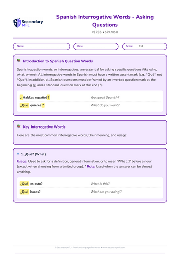 KS3 & KS4 Spanish Grammar Worksheet: Master Interrogative Words for Asking Questions