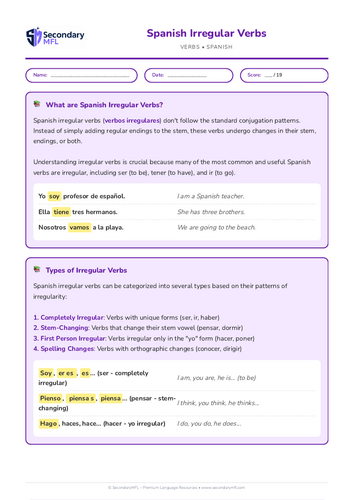 KS3 & KS4 Spanish Grammar Worksheet: Mastering Irregular Verbs for Better Fluency