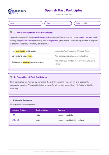 KS3 & KS4 Spanish Grammar Worksheet: Mastering Past Participles for Intermediate Learners