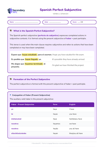 KS3 & KS4 Spanish Grammar Worksheet: Mastering the Perfect Subjunctive
