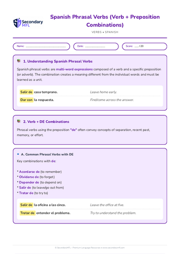 KS3 & KS4 Spanish Grammar Worksheet: Master Phrasal Verbs with Prepositions
