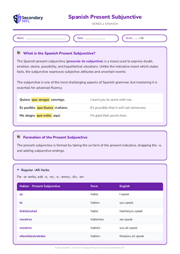 KS3 & KS4 Spanish Grammar Worksheet: Mastering the Present Subjunctive Mood