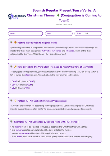 KS3 & KS4 Spanish Grammar Worksheet: Present Tense Verbs with a Christmas Theme