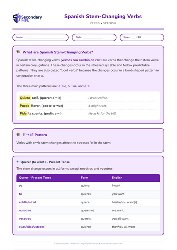 KS3 & KS4 Spanish Grammar Worksheet: Master Stem-Changing Verbs