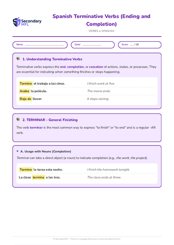 KS3 & KS4 Spanish Grammar Worksheet: Mastering Terminative Verbs
