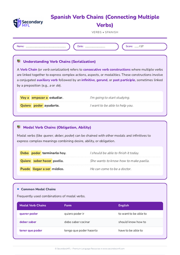 KS3 & KS4 Spanish Grammar Worksheet: Mastering Verb Chains for Advanced Language Skills