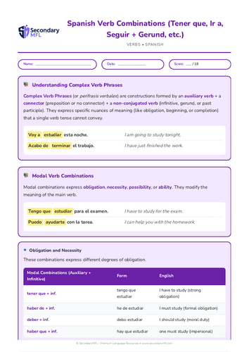 KS3 & KS4 Spanish Grammar Worksheet: Master Tener Que, Ir A, Seguir + Gerund