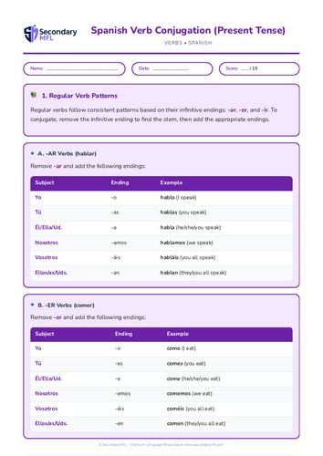KS3 & KS4 Spanish Grammar Worksheet: Mastering Present Tense Verb Conjugation