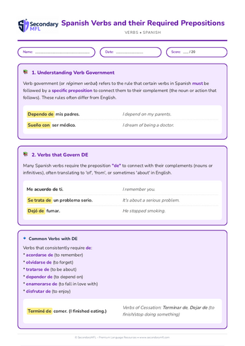 KS3 & KS4 Spanish Grammar Worksheet: Mastering Verbs and Prepositions