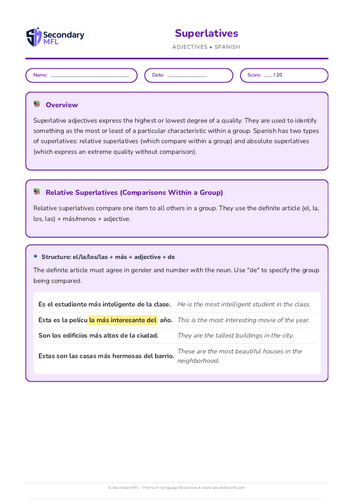 KS3 & KS4 Spanish Grammar Worksheet: Superlatives for Classroom Success