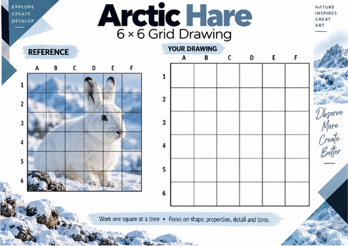 Arctic Hare Grid Drawing Worksheet | Winter Animal Wildlife Art | KS3 & KS4
