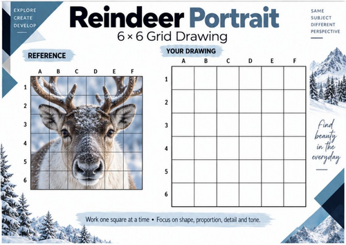 Reindeer Portrait Grid Drawing Worksheet | Winter Wildlife Art | KS3 & KS4