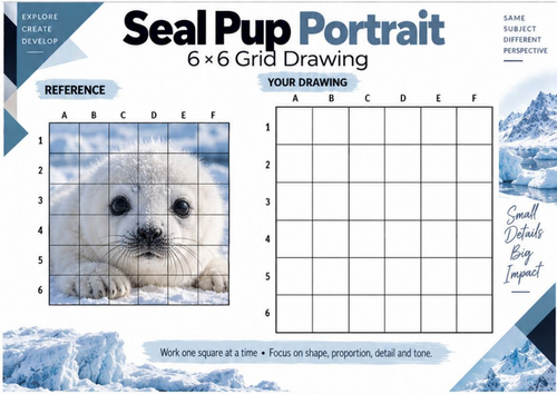 Seal Pup Portrait Grid Drawing Worksheet | Arctic Wildlife Art | KS3 & KS4