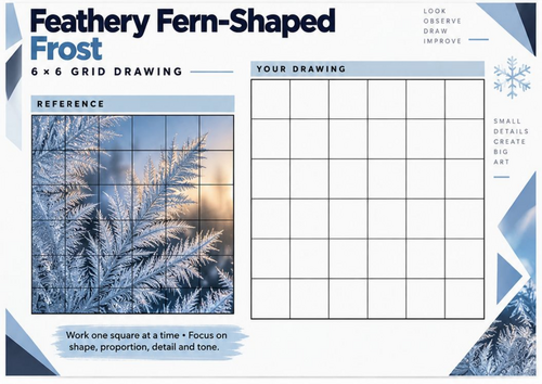 Feathery Fern-Shaped Frost Grid Drawing Worksheet | Winter Patterns Art KS3 KS4