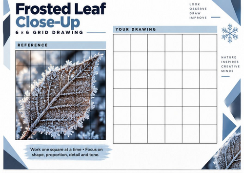 Frosted Leaf Close-Up Grid Drawing Worksheet | Winter Nature Art KS3 KS4