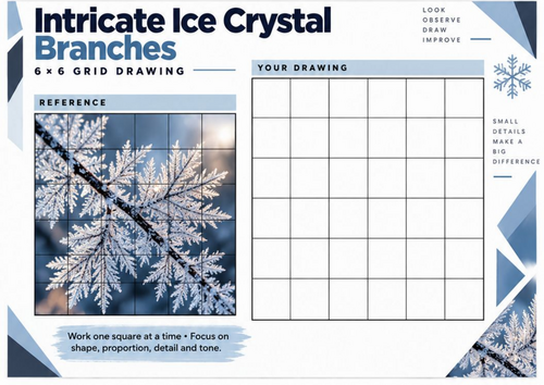 Intricate Ice Crystal Branches Grid Drawing Worksheet | Winter Art KS3 KS4