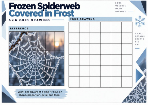Frozen Spiderweb Covered in Frost Grid Drawing Worksheet | Winter Nature Art KS3 KS4