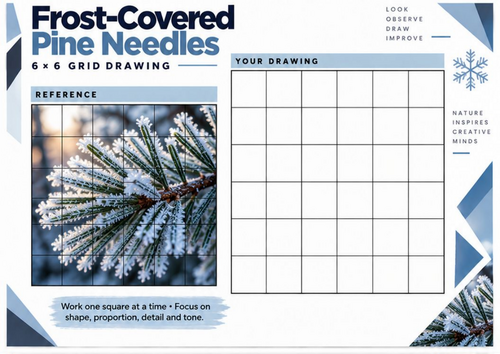 Frost-Covered Pine Needles Grid Drawing Worksheet | Winter Nature Art KS3 KS4