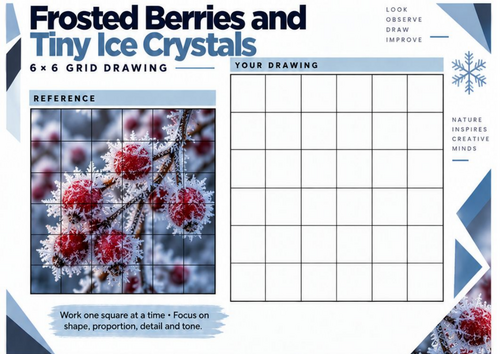Frosted Berries and Tiny Ice Crystals Grid Drawing Worksheet | Winter Art KS3 KS4
