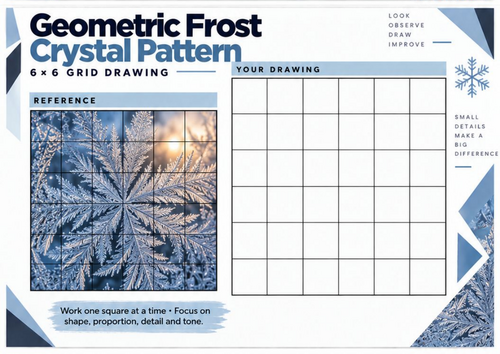 Geometric Frost Crystal Pattern Grid Drawing Worksheet | Winter Art KS3 KS4