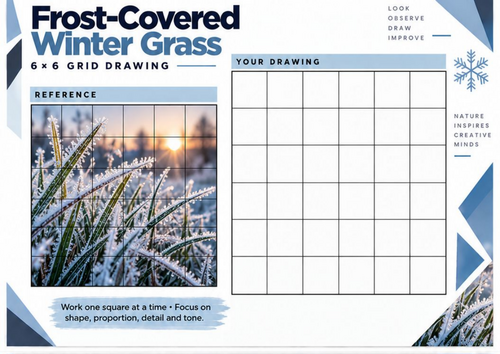 Frost-Covered Winter Grass Grid Drawing Worksheet | Nature Art KS3 KS4