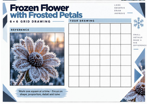 Frozen Flower with Frosted Petals Grid Drawing Worksheet | Winter Floral Art KS3 KS4