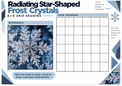 Radiating Star-Shaped Frost Crystals Grid Drawing Worksheet | Winter Art KS3 KS4