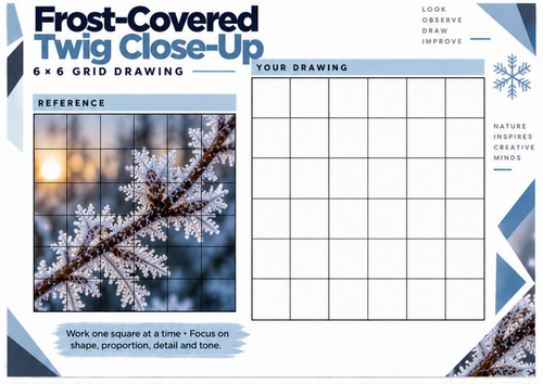 Frost-Covered Twig Close-Up Grid Drawing Worksheet | Winter Nature Art KS3 KS4