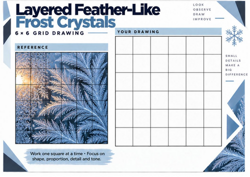 Layered Feather-Like Frost Crystals Grid Drawing Worksheet | Winter Art KS3 KS4