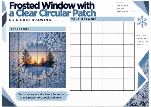 Frosted Window with Clear Circular Patch Grid Drawing Worksheet | Winter Art KS3 KS4