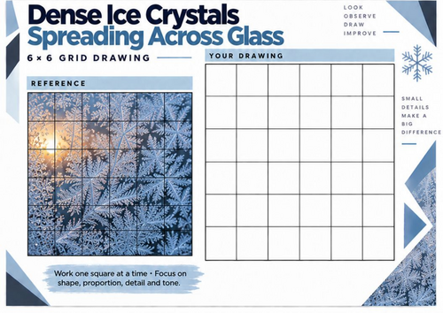 Dense Ice Crystals Spreading Across Glass Grid Drawing Worksheet | Winter Art KS3 KS4