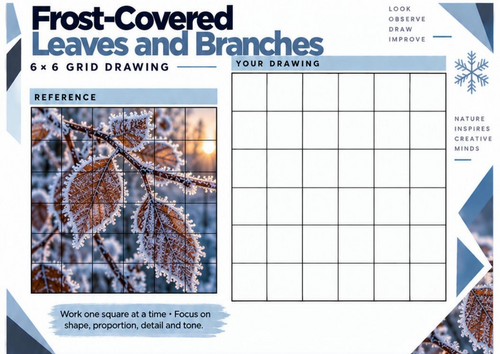 Frost-Covered Leaves and Branches Grid Drawing Worksheet | Winter Nature Art KS3 KS4