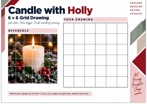 Candle with Holly Grid Drawing Worksheet | Christmas Botanical Art | KS3 & KS4