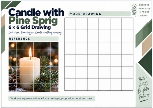 Candle with Pine Sprig Grid Drawing Worksheet | Winter Nature Art | KS3 & KS4
