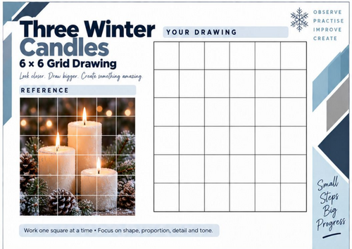 Three Winter Candles Grid Drawing Worksheet | Festive Still Life Art | KS3 & KS4
