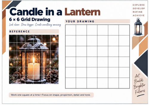Candle in a Lantern Grid Drawing Worksheet | Winter Light & Shadow Art | KS3 & KS4