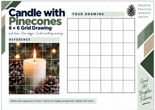 Candle with Pinecones Grid Drawing Worksheet | Winter Nature Still Life | KS3 & KS4