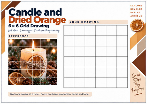 Candle and Dried Orange Grid Drawing Worksheet | Christmas Still Life Art | KS3 & KS4