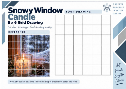 Snowy Window Candle Grid Drawing Worksheet | Winter Light & Reflection Art | KS3 & KS4