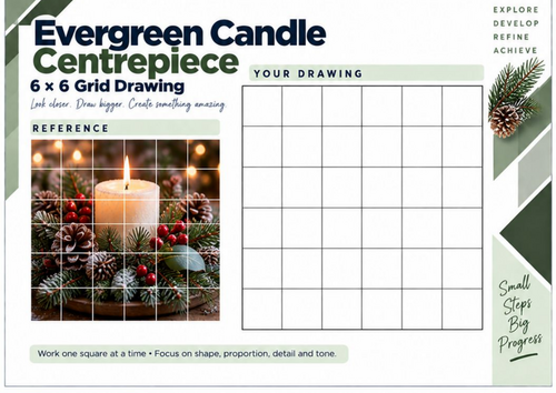 Evergreen Candle Centrepiece Grid Drawing Worksheet | Christmas Botanical Art | KS3 & KS4