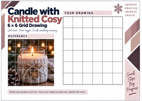 Candle with Knitted Cosy Grid Drawing Worksheet | Winter Texture Art | KS3 & KS4