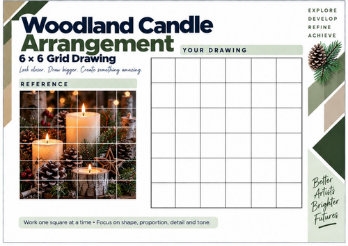 Woodland Candle Arrangement Grid Drawing Worksheet | Winter Still Life Art | KS3 & KS4
