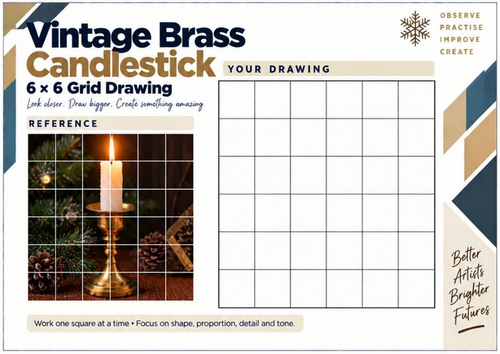 Vintage Brass Candlestick Grid Drawing Worksheet | Reflective Metal Still Life | KS3 & KS4