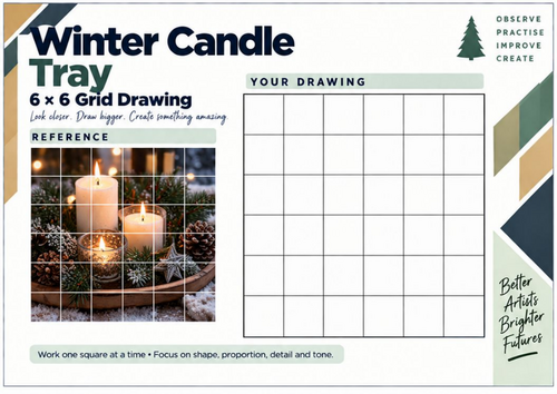 Winter Candle Tray Grid Drawing Worksheet | Christmas Still Life Composition | KS3 & KS4
