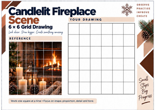 Candlelit Fireplace Scene Grid Drawing Worksheet | Cosy Winter Art | KS3 & KS4
